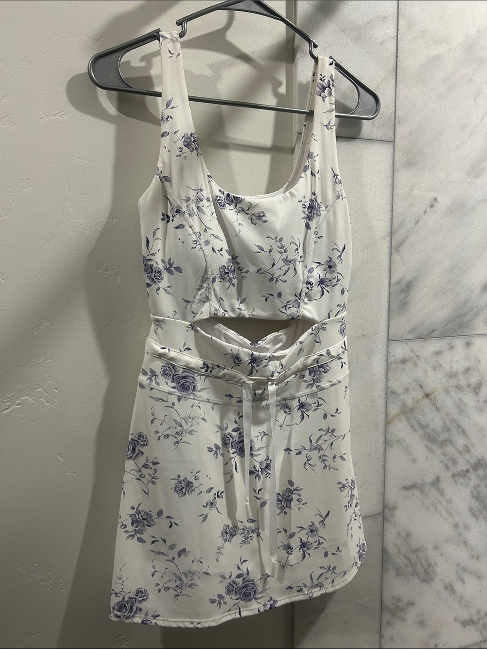 Altar’d State Tennis Mini Dress with Skort- White with Blue Floral